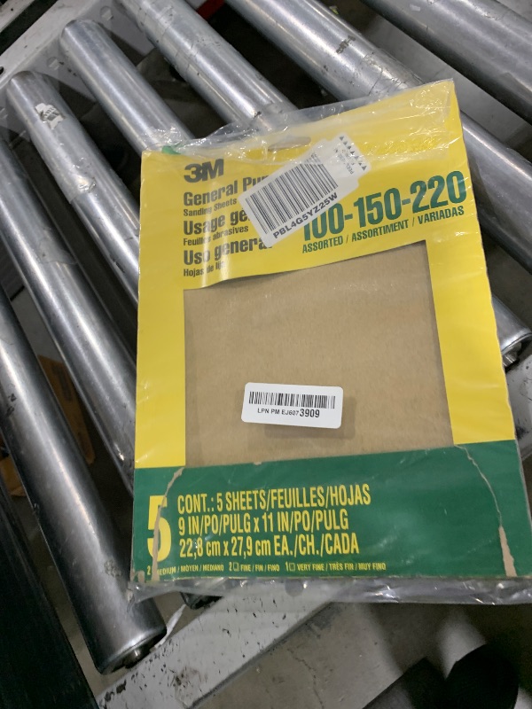 Photo 1 of 3M Aluminum Oxide Sandpaper, 5 Sheets, Assorted Grit 100-150-220, 9-in x 11-in, Multi-Purpose Abrasive Sanding Paper, For General Purpose Sanding On Paint, Wood and Metal (9005NA)