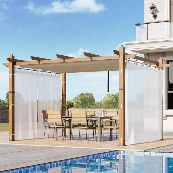 Photo 1 of Garvee 10x13 Ft Retractable Outdoor Pergola with Canopy and Side Mesh, Upgraded Wood-Grain Aluminum Pergola, Modern Pavilion for Backyard, Patio, Porch, Grape Trellis, Beige+White