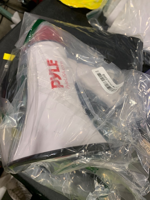 Photo 1 of Pyle 20W Megaphone Bullhorn - 5.4'' x 8.6'' Portable Megaphone, Projection Range Up to 800 Sq. Yards, Voice Talking & Siren Alert, Shoulder Strap, Battery Operated, (White)