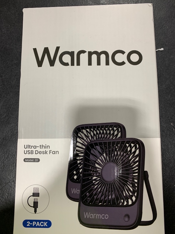Photo 1 of Warmco USB Desk Fan 2Pack, USB C Corded Powered Personal Fan, Strong Airflow, 3 Speeds Wind Small USB Desktop Fan With 180° Tilt Folding for Office Table Home Black(No battery)