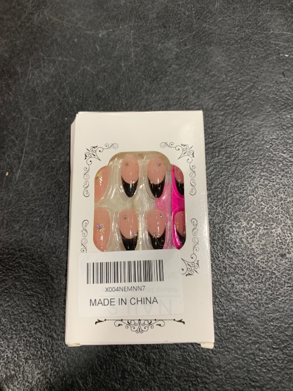 Photo 1 of 24Pcs Black French Tip Press on Nails Medium Almond Fake Nails with Colorful Rhinestone Design Glitter Acrylic Nails Silver Star False Nails Shiny Full Cover Artificial French Glue on Nails for Women