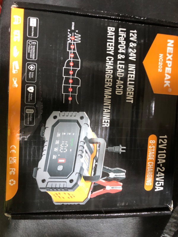 Photo 1 of NEXPEAK NC202 10-Amp Battery Charger, 12V 24V LiFePO4 Lead Acid Portable Car Battery Charger 8-Stage Trickle Charger Smart Battery Maintainer w/Temp Compensation for Car Truck Motorcycle Lawn Mower