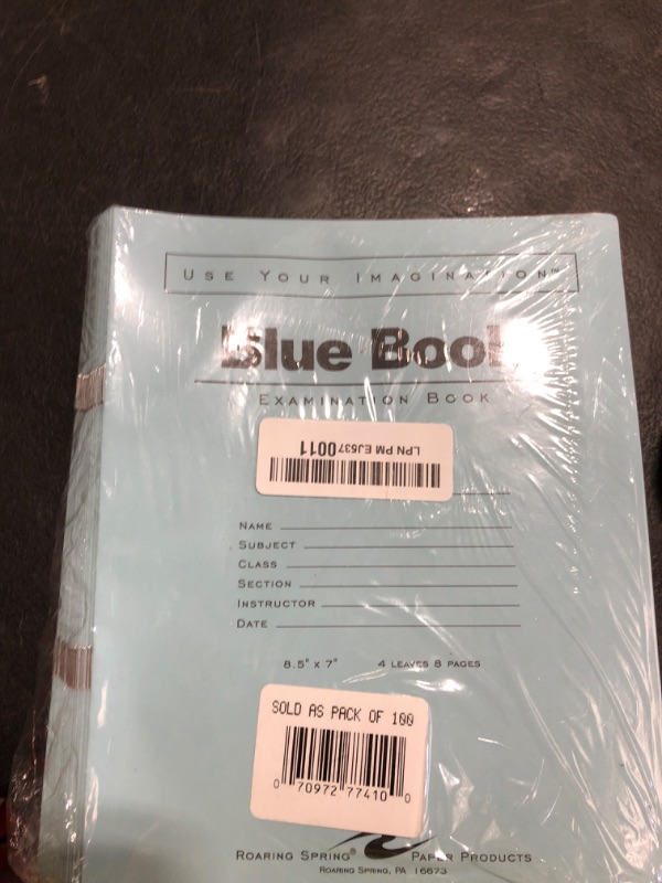 Photo 1 of ROARING SPRING Exam Blue Books, 100 Pack, 8.5" x 7", 4 Sheets/8 Pages, Wide Ruled with Margin, Proudly Made in the USA