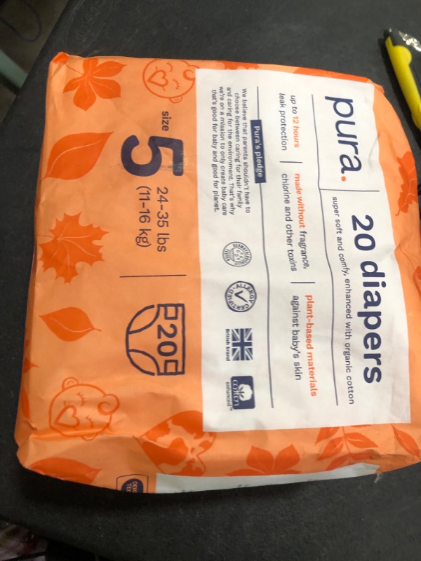 Photo 1 of Pura Hypoallergenic Diapers, Size 5 (11-16 lbs) Totally Chlorine Free, Wetness Indicator, Suitable for Sensitive Skin, Soft Organic Cotton Comfort, Overnight, 1 Pack of 29 Baby Diapers
