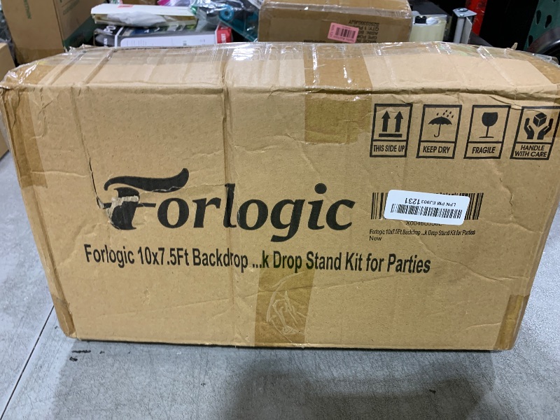 Photo 1 of Forlogic 10x7.5Ft Backdrop Stand, Heavy Duty Adjustable Photo Back Drop Stand Kit for Parties, Photography, Banner Stand (Includes Six Background Stand Clamps)