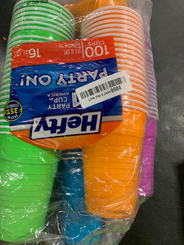 Photo 1 of Hefty Party On Disposable Plastic Cups, Assorted, 16 Ounce, 100 Count
