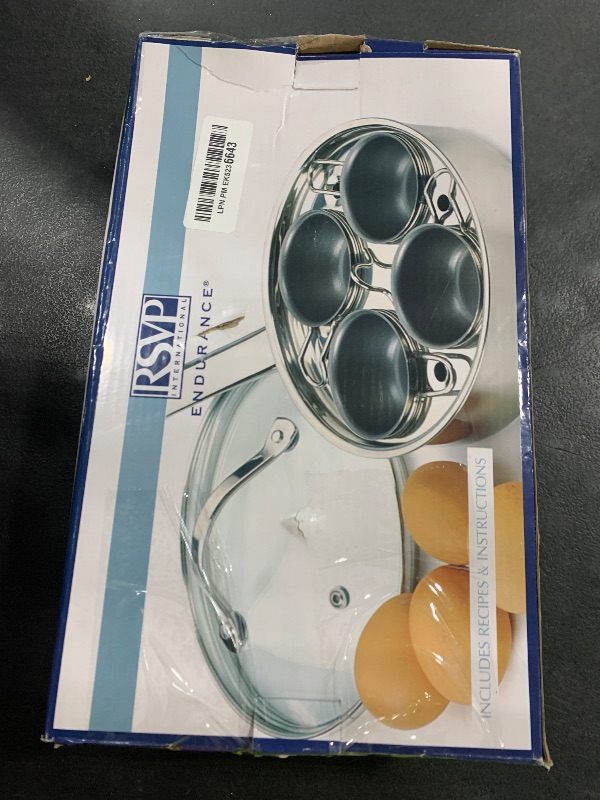 Photo 1 of RSVP International Endurance® Egg Poacher Set for 4 Eggs | Glass Lid with Steam Vent | Perfectly Poached Eggs | Includes Non-Stick Poaching Insert | Dishwasher Safe