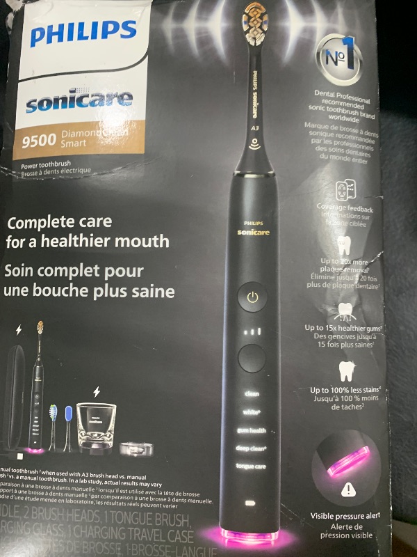 Photo 1 of Philips Sonicare DiamondClean Smart 9500 Electric Toothbrush, Sonic Toothbrush with App, Pressure Sensor, Brush Head Detection, 5 Brushing Modes and 3 Intensity Levels, Black, Model HX9923/11