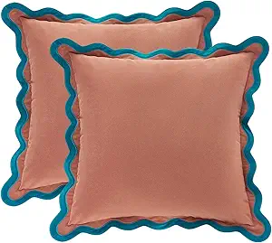 Photo 1 of MONDAY MOOSE Decorative Throw Pillow Covers Cushion Cases, Set of 2 Soft Velvet Scalloped Wavy Edge Designs, Mix and Match for Home Decor, Pillow Inserts Not Included (Teal/Pink, 18x18 inch)