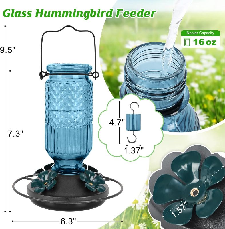 Photo 1 of FEED GARDEN Glass Hummingbird Feeder for Outdoors Hanging, 16 OZ Humming Birds Feeders with 4 Bee Guard Feeding Ports & Built-in Ant Moat, Hummingbird Gifts for Mom, Bird Feeder for Outside, Blue