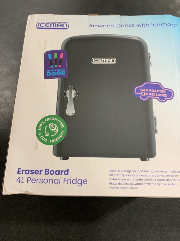 Photo 1 of Iceman Mini Portable Board Personal Fridge, Cools & Heats, 4 Liter Capacity, Chills 6 12oz, 100% Freon-Free & Eco Friendly, Includes Plugs for Home Outlet & 12V Car Charger, 6 Cans, Black Dry Erase