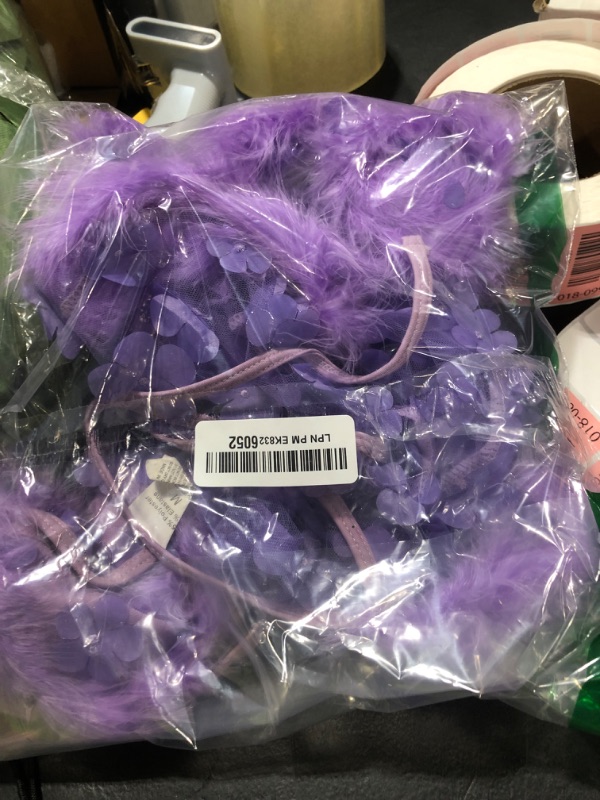 Photo 1 of Women's Rave Outfits Furry 3D Flower Bra Top Micro Mini Tulle Skirt Panty Bottom 3Pcs Festival Dancewear Set Purple-Flower Medium