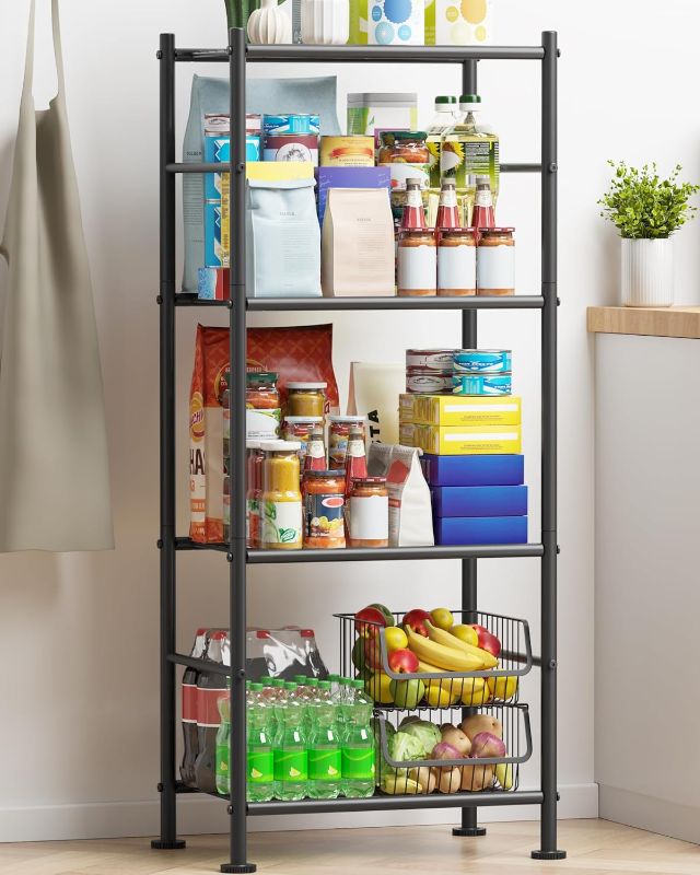 Photo 1 of Storage Shelves - 4 Tier Shelf Organizer, Sturdy Metal Garage Shelving with Adjustable Leveling Feet, Space-Saving Shelves Organizer for Pantry, Laundry, Kitchen (18" x 12" x 44", Black)
