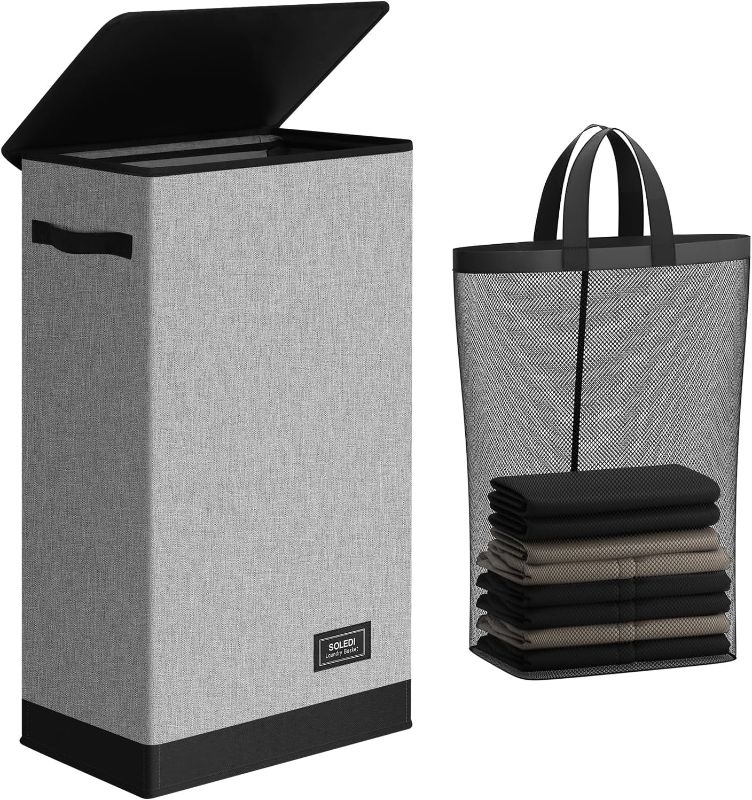 Photo 1 of SOLEDI Slim Laundry Hamper with Lid, Narrow Laundry Basket with Removable Bags, Dirty Clothes Hamper with handle, Small Hamper perfect for Laundry room, Bathroom, Bedroom, Small spaces. 70L Grey