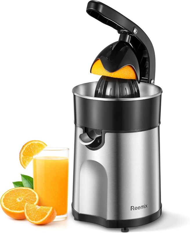 Photo 1 of Electric Citrus Juicer Squeezer, Orange Juicer with Two Interchangeable Cones, Suitable for orange, lemon and Grapefruit, Brushed Stainless Steel, Easy to Clean and Use (Black+Silver)