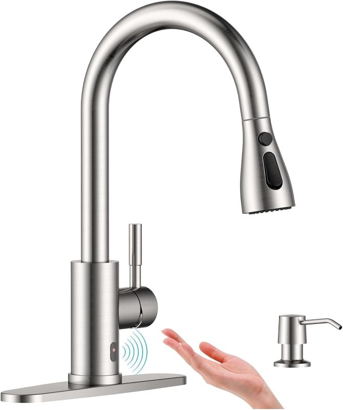 Photo 1 of APPASO Touchless Kitchen Faucet with Pull-Down Sprayer, Kitchen Sink Faucet Touchless Brushed Nickel, Single Handle Hands-Free Motion Sensor Faucets Suitable for 1 or 3-Hole Sink, Stainless Steel