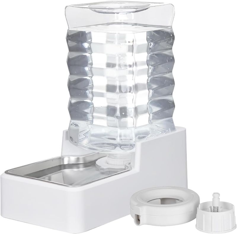 Photo 1 of Upgraded Dog & Cat Water Dispenser, Stainless Steel Bowl, Automatic Gravity Dispenser, BPA-Free, Large Capacity with Two Caps & Filters (White, 8L+)
