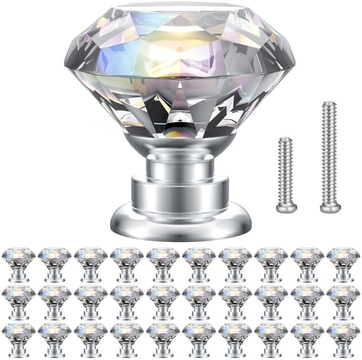 Photo 1 of POZEAN Crystal Cabinet Knobs 30 Pack, 1.18 inch (30mm) Pulls for Dresser, Drawer, Cabinet with Two Different Sizes Screws, Diamond Shape Glass Handles for Home (30mm, 30 Pack, Clear-Silver)