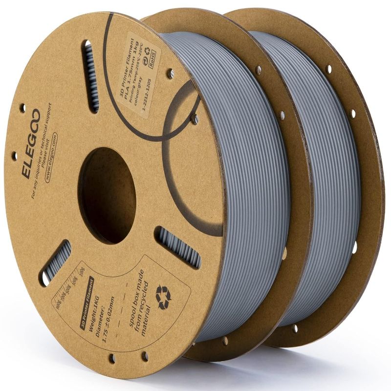 Photo 1 of ELEGOO PLA Filament 1.75mm Gray 2KG, 3D Printer Filament Dimensional Accuracy +/- 0.02mm, 2 Pack 1kg Cardboard Spool(2.2lbs) 3D Printing Filament Fits for Most FDM 3D Printers