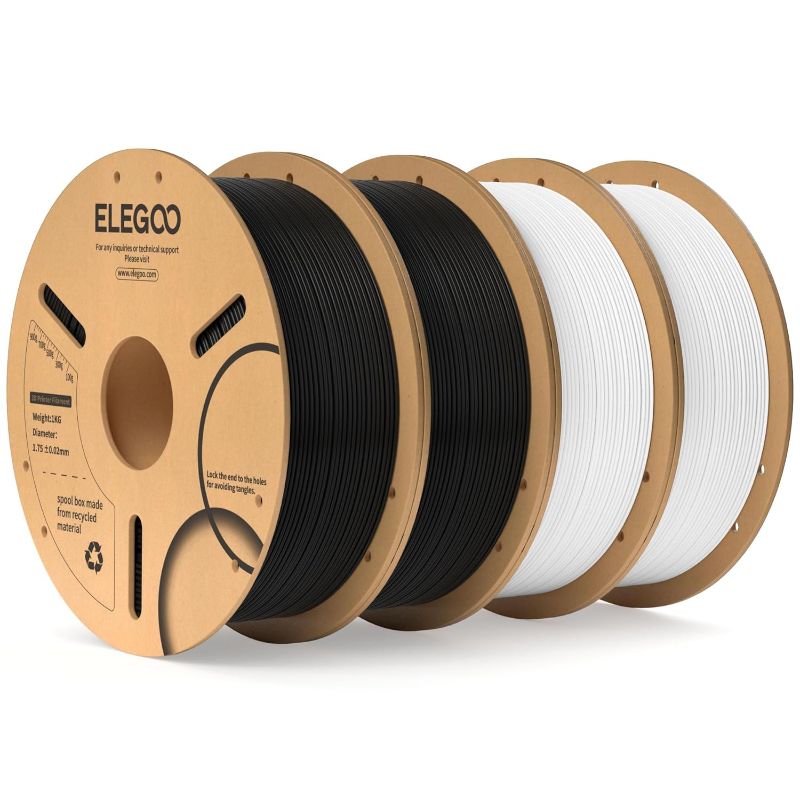 Photo 1 of ELEGOO PLA Filament 1.75mm Bundle 4KG, Black & White 3D Printer Filament Bulk Dimensional Accuracy +/- 0.02mm, 4 Pack 1kg Cardboard Spool(2.2lbs) Fits for Most FDM 3D Printers