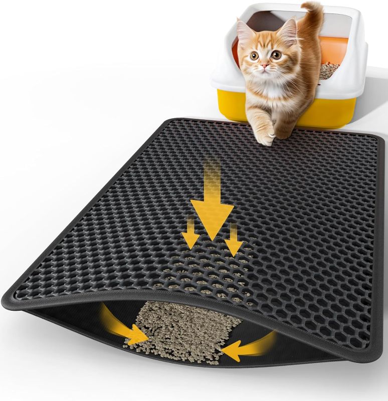 Photo 1 of 27" x 19" Cat Litter Mat - Ultra-Large Litter Box Mat with Double Layers, Urine-Proof and Non-Slip Litter Trapping Mat, Easy to Clean Kitty Litter Mats for Floor, Scatter Control, Black