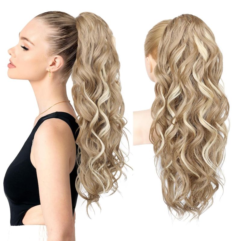 Photo 1 of REECHO Ponytail Extension, 24" Claw Clip Ponytail Extension Wavy Ponytails Hair Extensions Jaw Clip on Pony Tails Natural Synthetic Hairpiece for Women Daily, Honey Blonde with Highlights