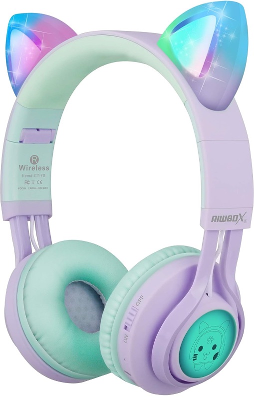 Photo 1 of Riwbox Kids Wireless Headphones, CT-7S Cat Ear Bluetooth, 85dB Volume Limiting, LED Light Up Over Ear with Microphone for Laptop/PC/TV