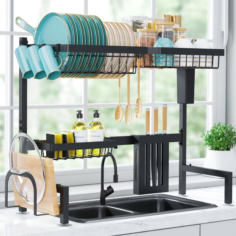 Photo 1 of Dish Drying Rack Over The Sink - Large Capacity Stainless Steel Dish Drainer, Multifunctional Kitchen Organizer, Black, 11" D x 30"~33.9''W x 21.5" H