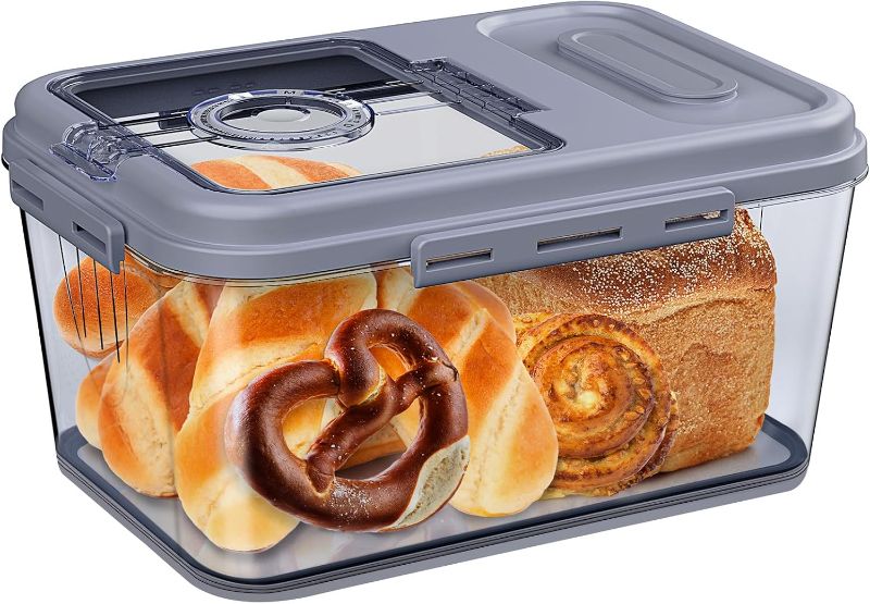 Photo 1 of Bread Box Airtight Bread Container for Homemade, Clear Bread Storage for Kitchen Countertop, Time Recording Bread Holder, Bread Keeper with Lid for Toast, Bagel, Donut and Cookies, Grey, S