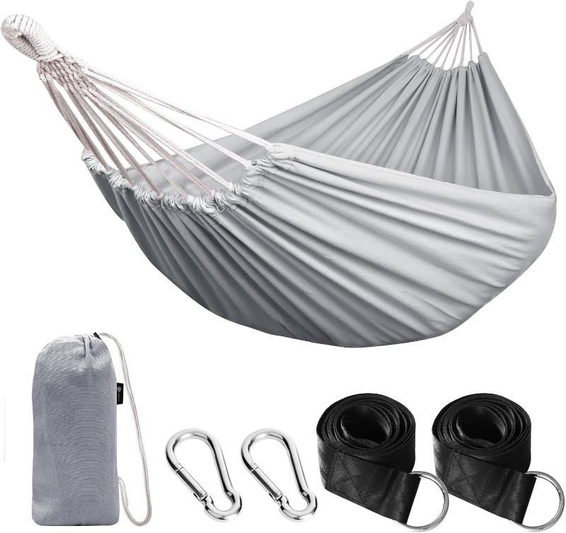 Photo 1 of ANYOO Cotton Hammock Portable Camping Hammocks for Hanging Sturdy Garden Comfortable Fabric Hammock with Tree Straps Up to 660lbs with Travel Bag for Camping Outdoor/Indoor Patio Backyard