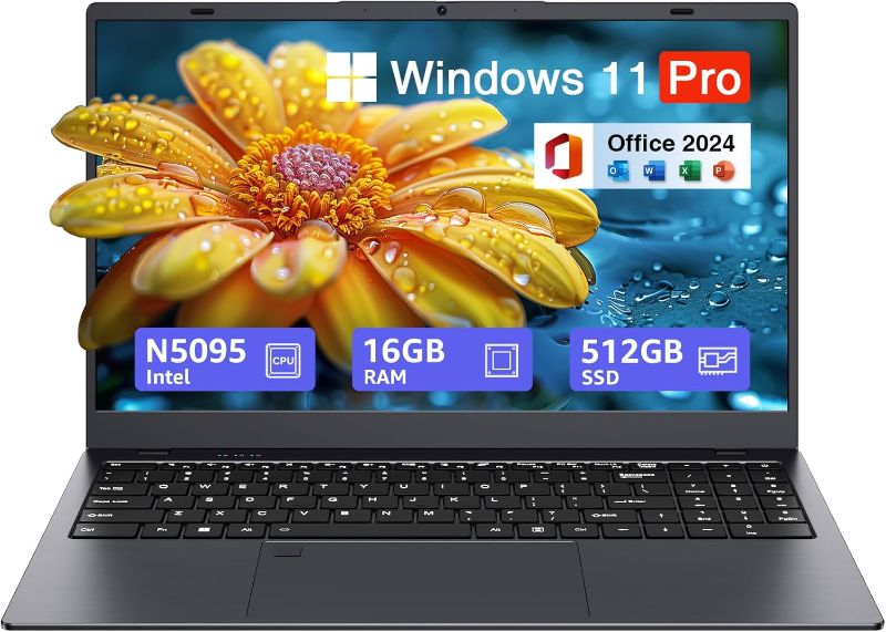 Photo 1 of 15.6-inch Windows 11 Laptop, 16GB RAM, 512GB SSD, FHD IPS Display Laptop Computer, Intel N5095 Quad Core, 2.4/5G WiFi, BT4.2 Backlit and Fingerprint, Lightweight and Portable