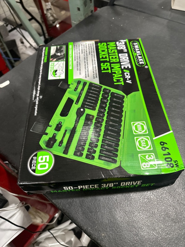 Photo 1 of SWANLAKE GARDEN TOOLS 3/8'' Drive Impact Socket Set, 50-Piece Standard SAE (5/16 to 3/4 inch) and Metric (8-22mm) Size, 6 Point, Cr-V, 3/8-Inch Ratchet Handle, Extension Bar, Universal Joint