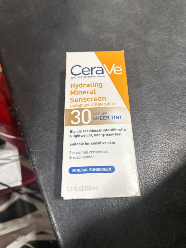 Photo 1 of CeraVe Hydrating Mineral Sunscreen SPF 30 with Sheer Tint, Tinted Mineral Sunscreen with Zinc Oxide & Titanium Dioxide, Blends Seamlessly For Healthy Glow, Medium, 1.7 Fluid Ounce