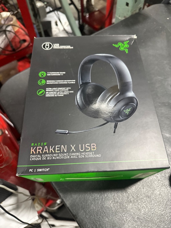 Photo 1 of Razer Kraken X USB Ultralight Gaming Headset: 7.1 Surround Sound - Lightweight Frame - Green Logo Lighting - Integrated Audio Controls - Bendable Cardioid Microphone - for PC - Classic Black