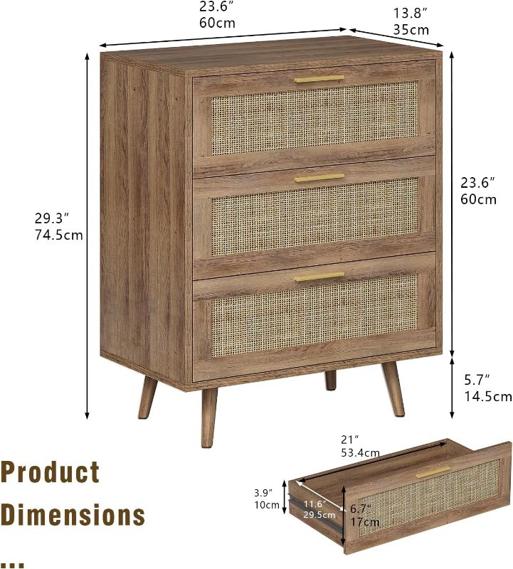 Photo 1 of 3 Drawer Dresser for Bedroom Rattan Dresser Chest of Drawers with Spacious Storage Boho Clothes Storage Nightstand for Living Room