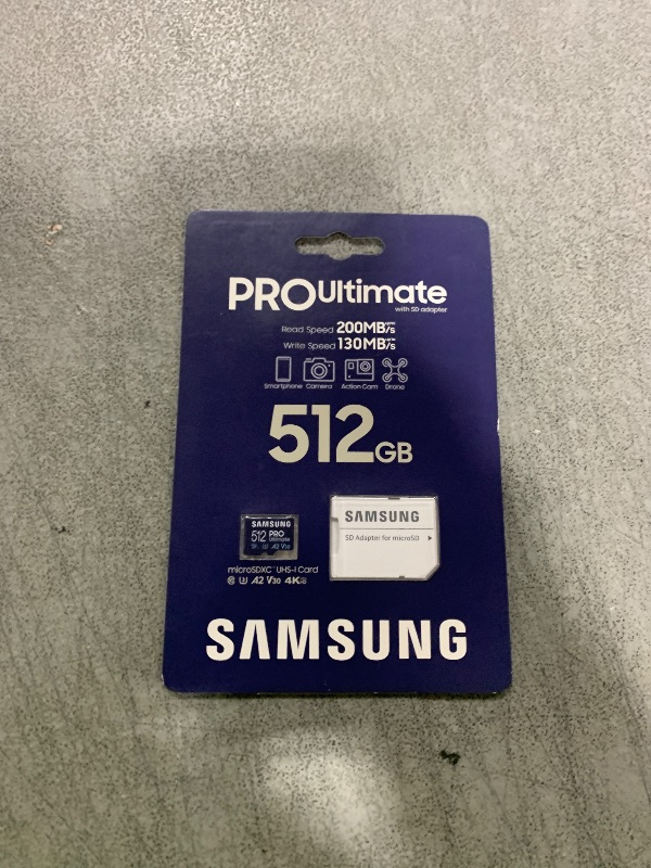 Photo 1 of Samsung PRO Ultimate microSD Memory Card + Adapter, 512GB microSDXC, Up to 200 MB/s, 4K UHD, UHS-I, Class 10, U3,V30, A2 for GoPRO Action Cam, DJI Drone, Gaming, Phones, Tablets, MB-MY512SA/AM