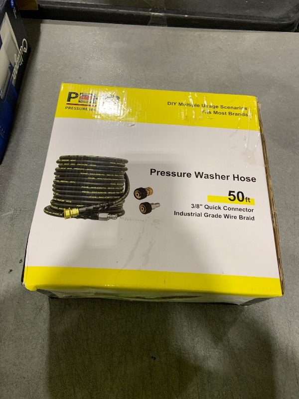 Photo 1 of POHIR Pressure Washer Hose 50 ft with 3/8 Inch Quick Connect, Kink Resistant High Tensile Wire Braided,with 2 pcs M22 14mm Adapter Set, 4200 PSI Power Washer Hose