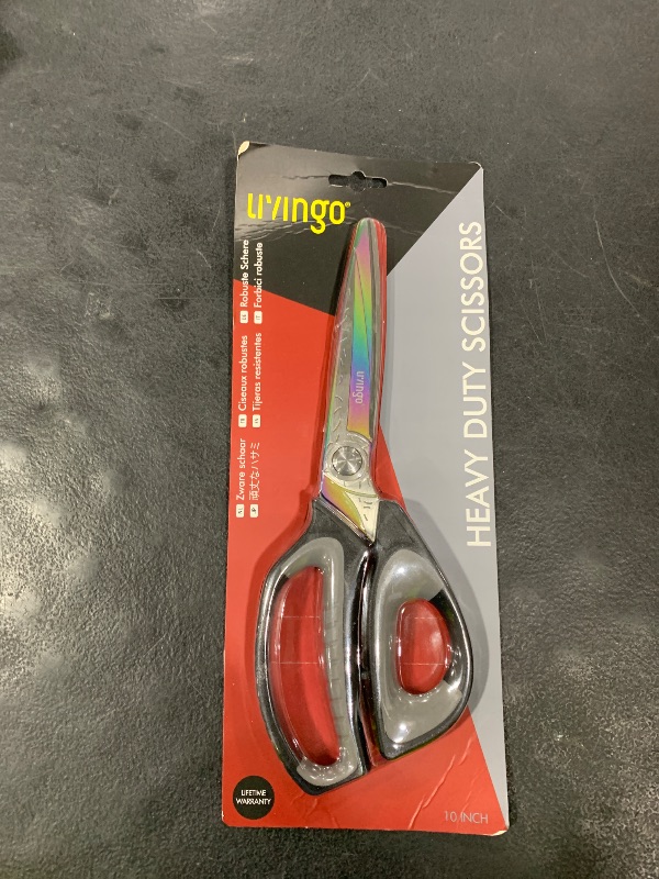Photo 1 of LIVINGO Heavy Duty Industrial Scissors: 10" Utility Stainless Steel Sharp Scissors all Purpose Premium Titanium Coating Forged Shop Shears for Household Pruning, Gardening, Construction, Black & Grey