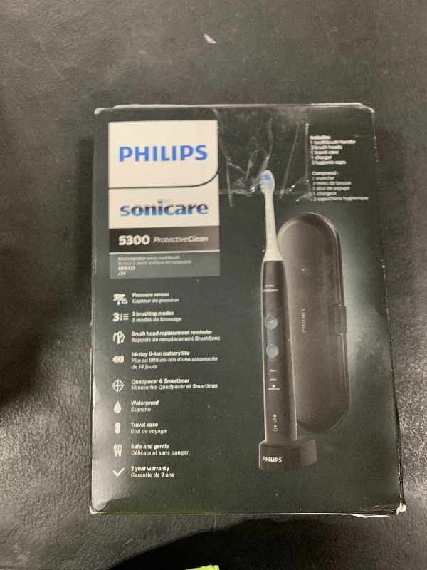 Photo 1 of Philips Sonicare ProtectiveClean 5300 Rechargeable Electric Toothbrush, with Pressure Sensor, 3 Cleaning Modes, SmarTimer and QuadPacer, with 2 Bonus Brush Heads, Travel Case, Black, Model HX6423/34