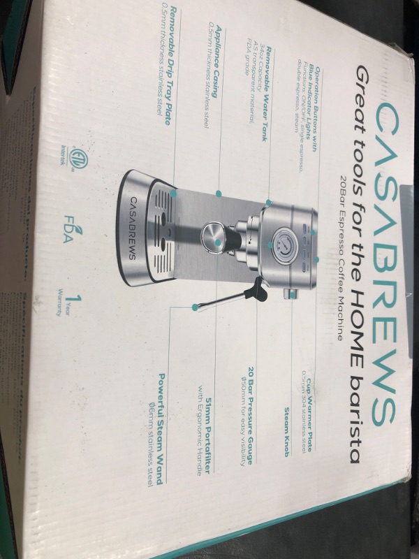 Photo 1 of CASABREWS CM5418 Espresso Machine 20 Bar, Compact Espresso Maker with Steam Milk Frother, Stainless Steel Coffee Machine with 34oz Removable Water Tank for Cappuccino, Latte, Silver