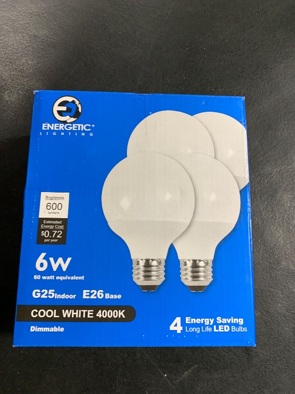 Photo 1 of Energetic Vanity Globe Light Bulbs G25 LED for Indoor Bathroom Mirror Living Area, 4000K Cool White, Dimmable 600 Lumens, 6W, E26 Base, Round Frosted Classic Ambient Decorative Bulb - UL, 4-Pack