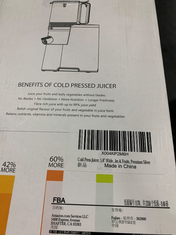 Photo 1 of SEE NOTES........Cold Press Juicer, 5.8" Wide Feed Chute Juice Extractor Machine with 400W, High Juice Yield, Slow Masticating Juicer for Whole Vegetables & Fruits, Metallic Silver
