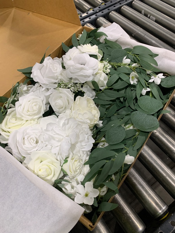 Photo 1 of Ling's Moment Artificial Wedding Arch Flowers Kit Pack of 4, 2pcs Hanging Silk Flowers Arrangement 2pcs Chiffon Drapes Ceremony Spring Fake Rose Arbor Backdrop White Sage Floral Party Outdoor Decor