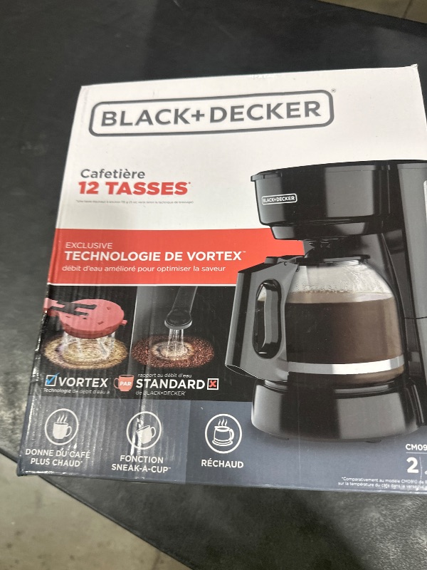 Photo 1 of BLACK+DECKER 12-Cup Coffee Maker with Easy On/Off Switch, Easy Pour, Non-Drip Carafe with Removable Filter Basket, Vortex Technology, Black
