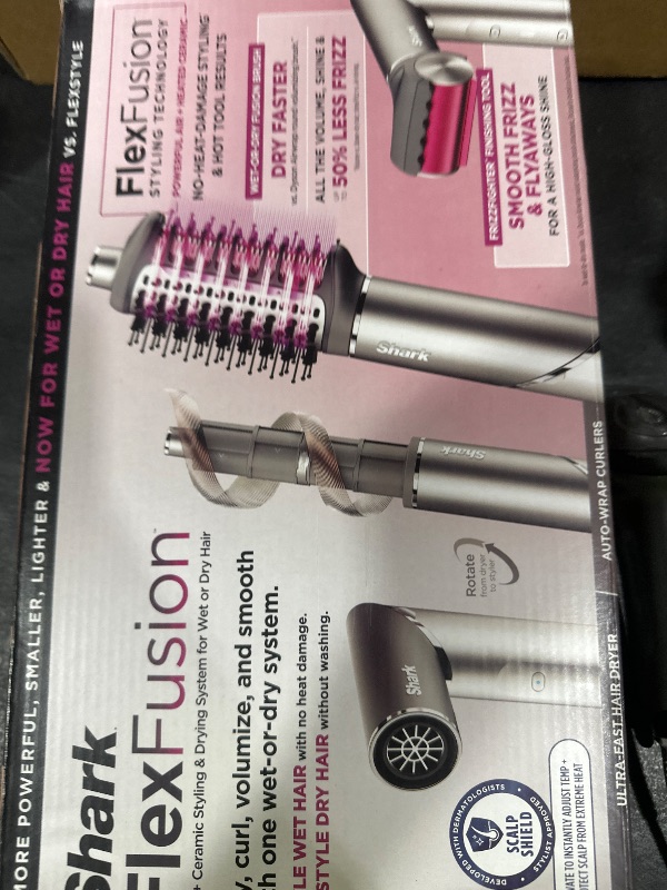 Photo 1 of Shark FlexFusion Hair Dryer with Fusion Hair Brush, Ceramic Air Styler with Auto-Wrap Hair Curlers & Concentrator, Ceramic Plates, Metallic Mist HD641