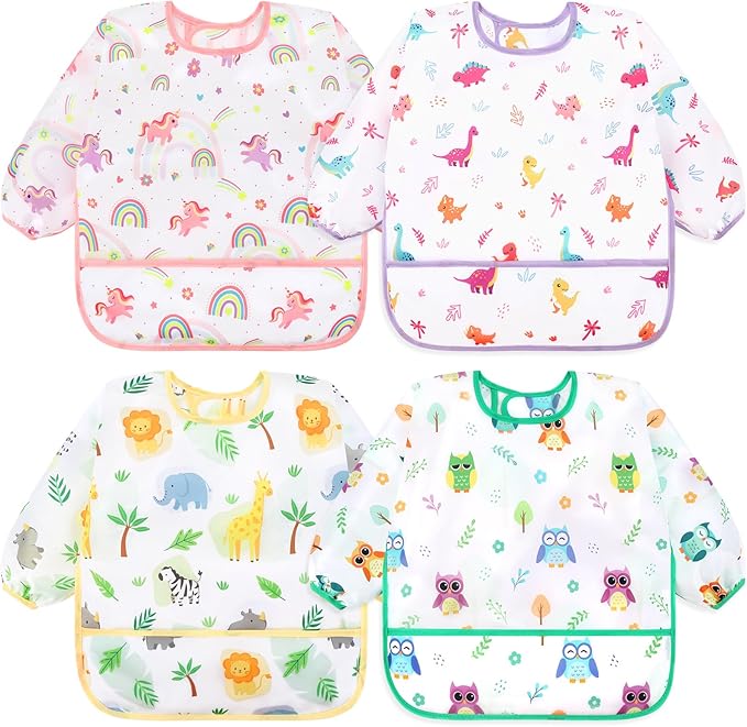 Photo 1 of Accmor 4 Pack Long Sleeve Bibs, Baby Smock Waterproof Sleeved Bib Smock for Baby Toddler 6-36 Months