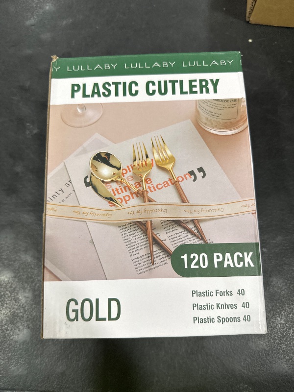Photo 1 of Lullaby 120PCS Gold Plastic Silverware, Gold Disposable Cutlery with Wood Grain Handle Include 40 Forks, 40 Spoons, 40 Knives, Elegant Disposable Silverware for Wedding, Party, Gathering, Daily Use
