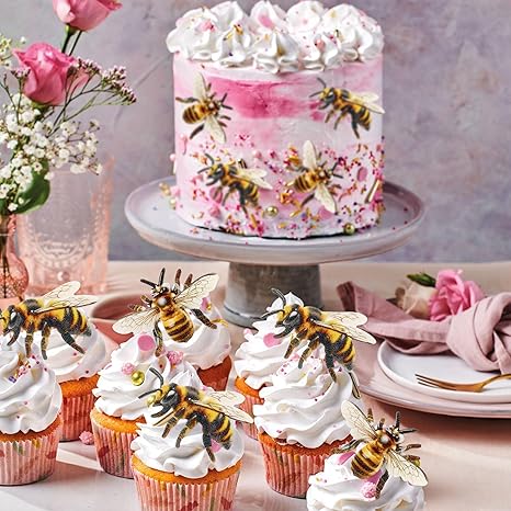Photo 1 of 40 PCS Edible Bumble bee Cupcake Toppers Wafer Paper Bumble Bee Party Drink Topper Decorations for Kids Girls Birthday Baby Shower Honey Bee Themed Party Supplies
