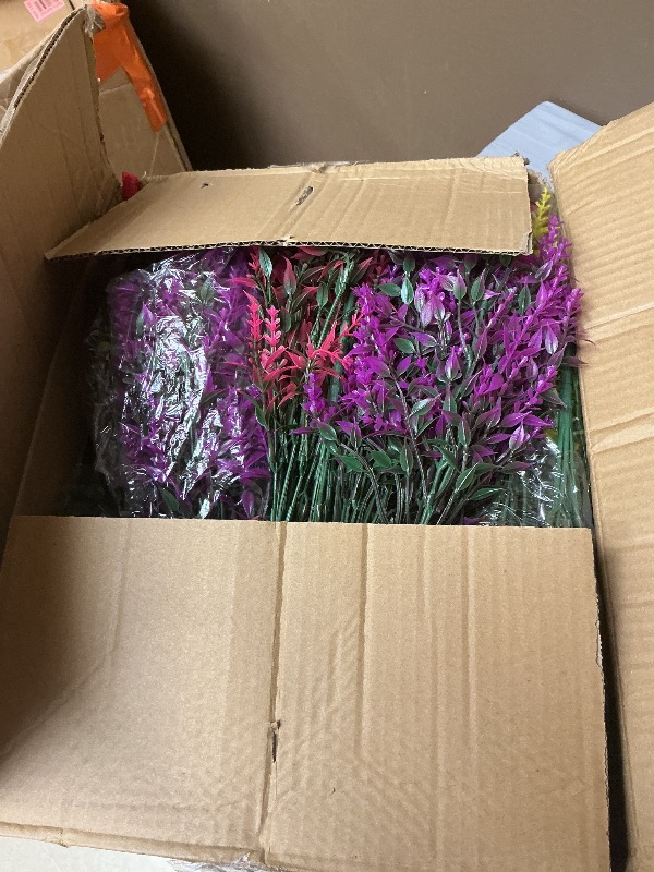 Photo 1 of SHareconn 48 Bundles Artificial Flowers for Outdoors Decoration, Faux Plants Fake Silk Colorful Daisy Eucalyptus Lavender, UV Resistant for Outside Home Porch Patio Spring Decor, RedRosyPurpleYellow