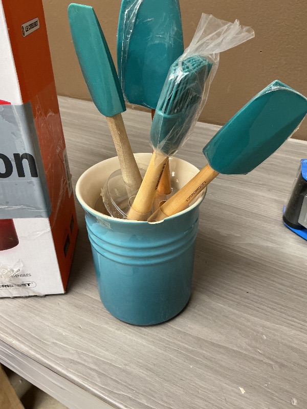 Photo 1 of Le Creuset Silicone Craft Series Utensil Set with Stoneware Crock, 5 pc., Caribbean